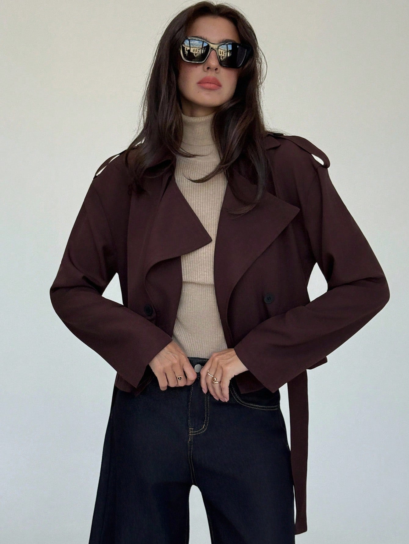 Solid Color Short Lapel Collar Trench Coat