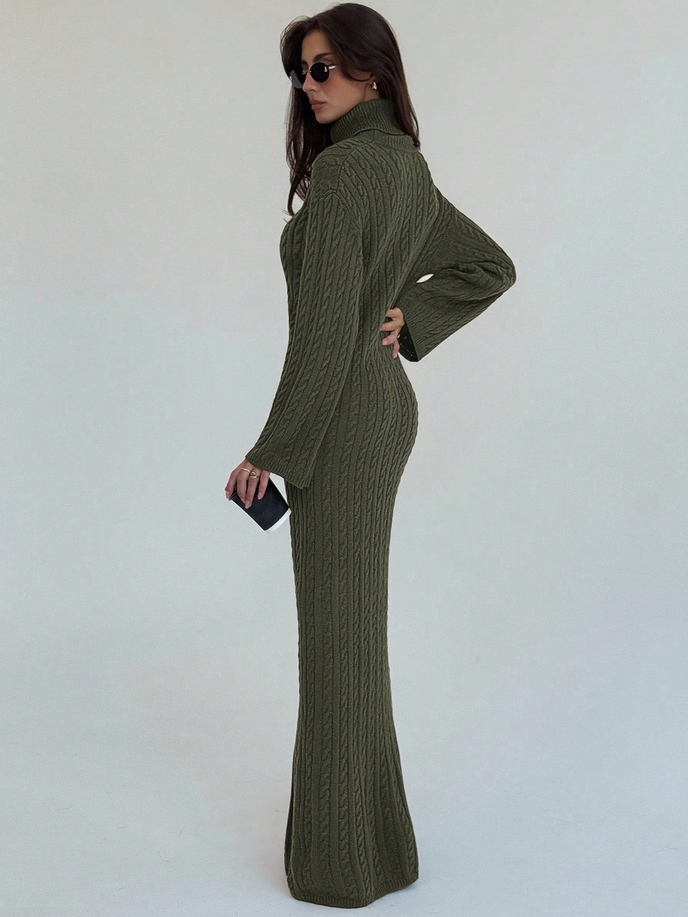Cable Knit Long Fitted Turtleneck Relaxed Loose Sweater Dress