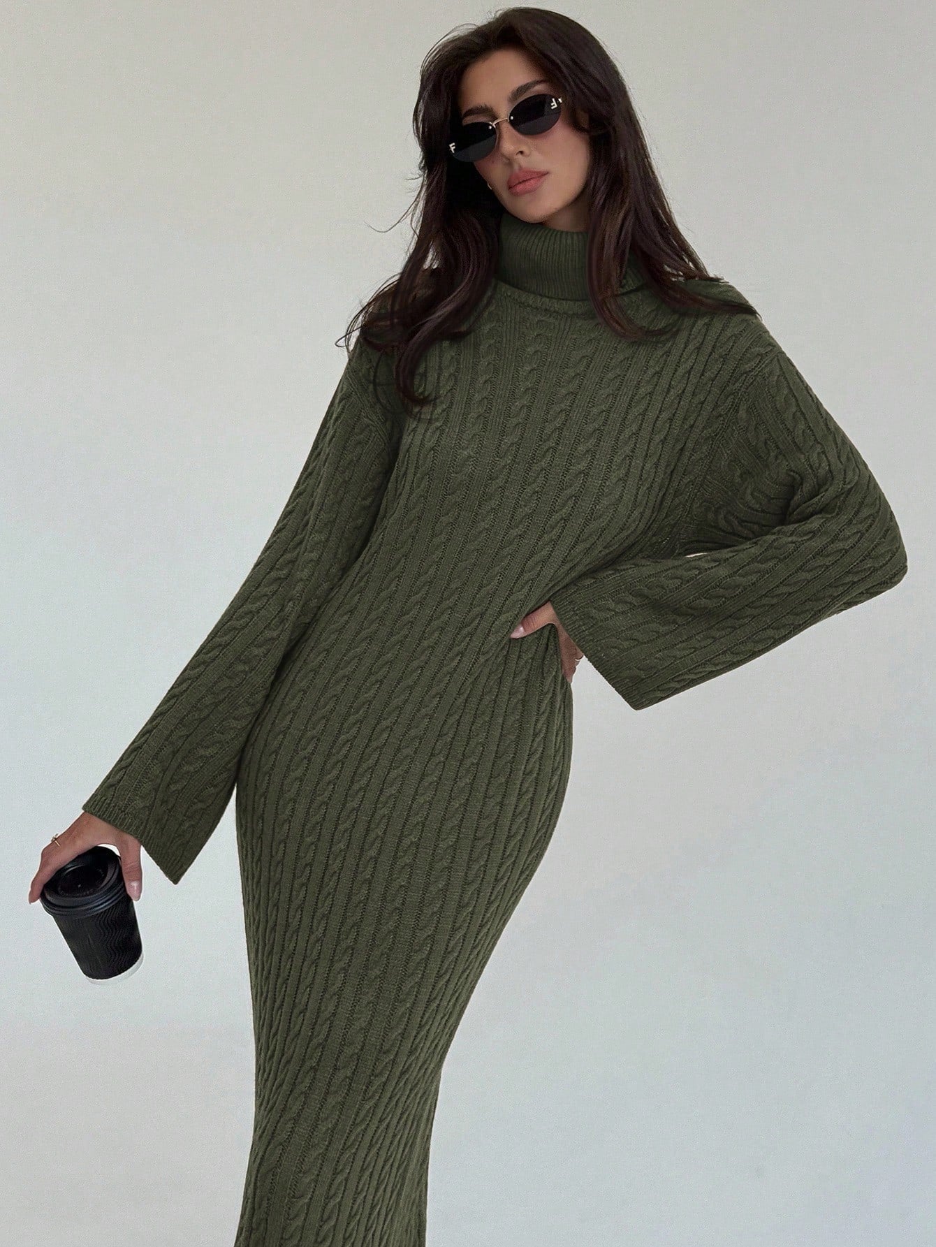Cable Knit Long Fitted Turtleneck Relaxed Loose Sweater Dress