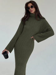 Cable Knit Long Fitted Turtleneck Relaxed Loose Sweater Dress