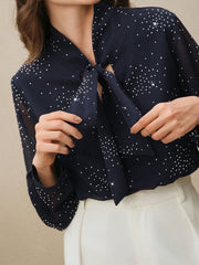 Shein Anewsta Elegant French Style Bowknot Collar Long Sleeve Rhinestone Decor Mesh Chiffon Blouse