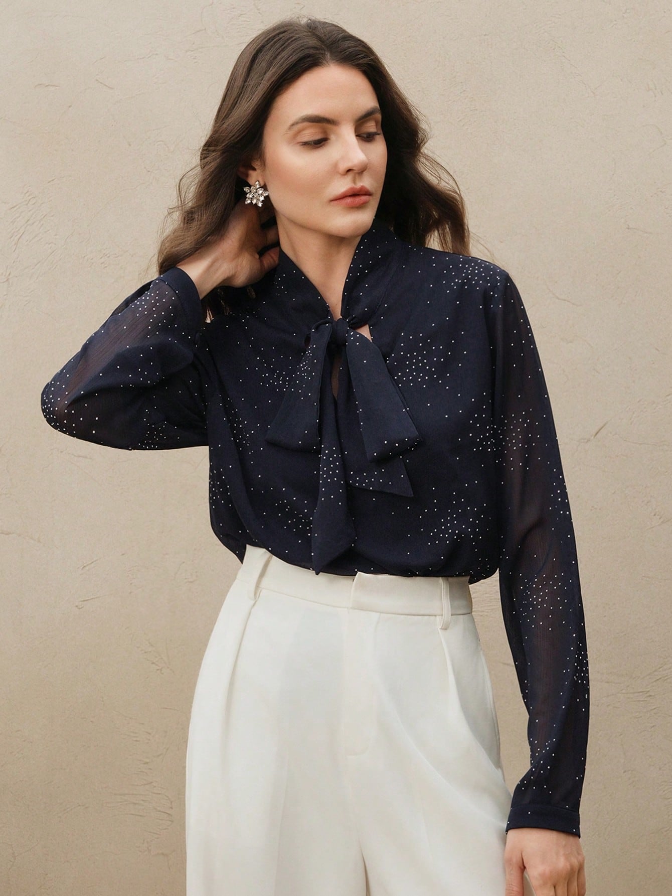 Shein Anewsta Elegant French Style Bowknot Collar Long Sleeve Rhinestone Decor Mesh Chiffon Blouse