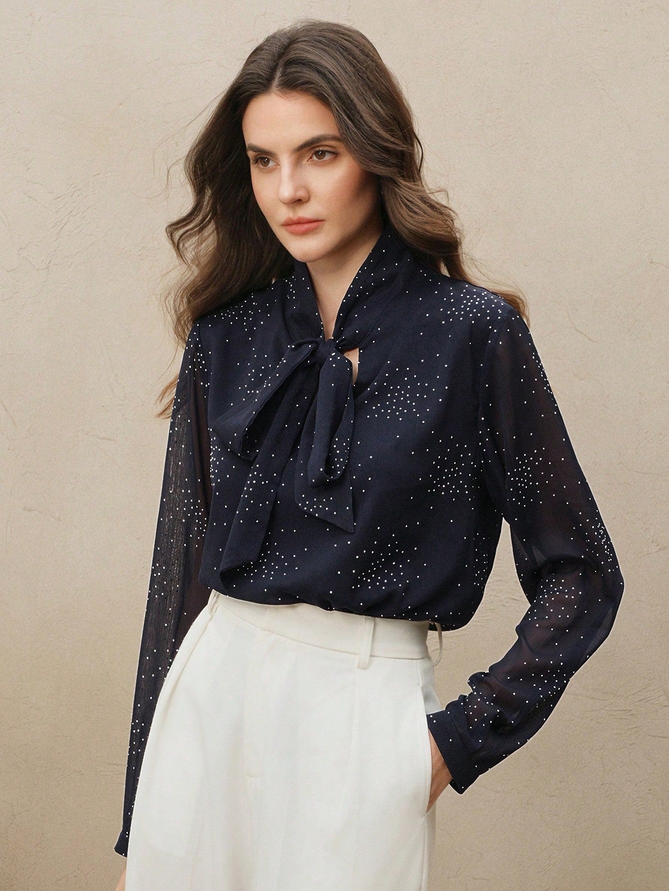 Shein Anewsta Elegant French Style Bowknot Collar Long Sleeve Rhinestone Decor Mesh Chiffon Blouse