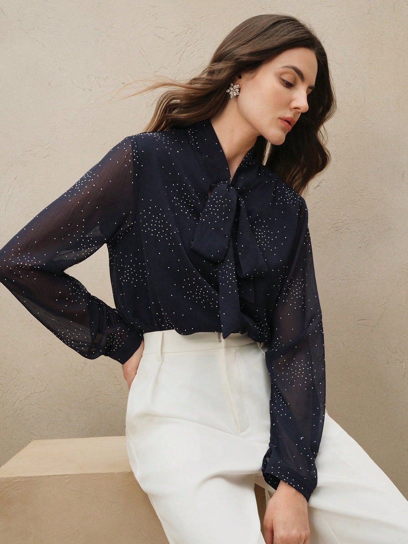 Shein Anewsta Elegant French Style Bowknot Collar Long Sleeve Rhinestone Decor Mesh Chiffon Blouse