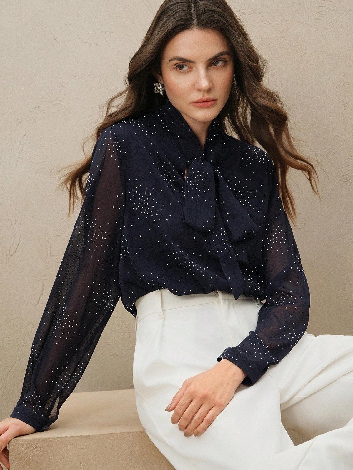 Shein Anewsta Elegant French Style Bowknot Collar Long Sleeve Rhinestone Decor Mesh Chiffon Blouse