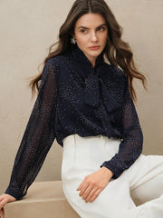 Shein Anewsta Elegant French Style Bowknot Collar Long Sleeve Rhinestone Decor Mesh Chiffon Blouse