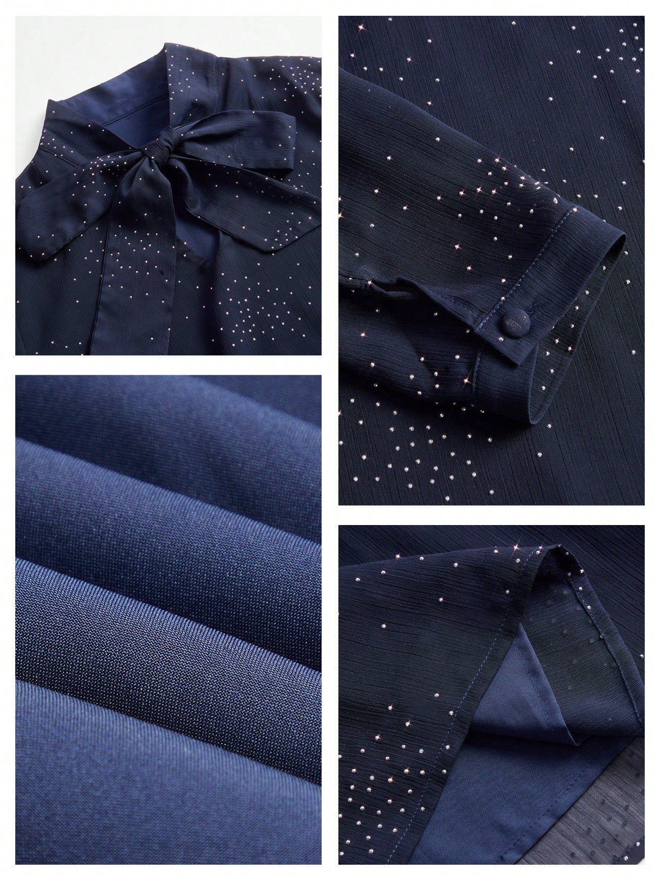 Shein Anewsta Elegant French Style Bowknot Collar Long Sleeve Rhinestone Decor Mesh Chiffon Blouse