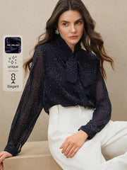 Shein Anewsta Elegant French Style Bowknot Collar Long Sleeve Rhinestone Decor Mesh Chiffon Blouse