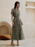 Shein Arave Women's Chiffon V-Neck Tie Front Shirred Waist Flounce Sleeve Fashion Casual Printed Mid-Length Dress