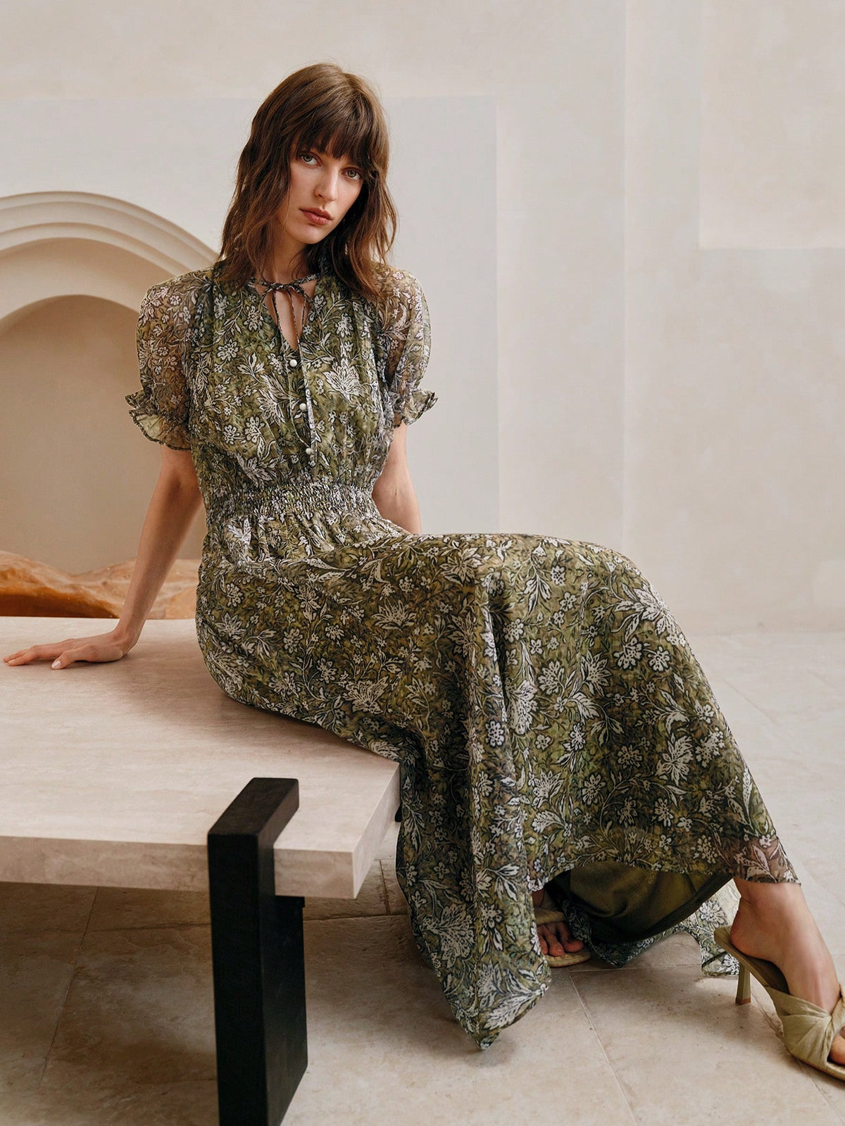 Shein Arave Women's Chiffon V-Neck Tie Front Shirred Waist Flounce Sleeve Fashion Casual Printed Mid-Length Dress