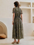 Shein Arave Women's Chiffon V-Neck Tie Front Shirred Waist Flounce Sleeve Fashion Casual Printed Mid-Length Dress