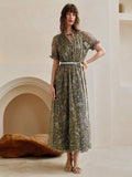Shein Arave Women's Chiffon V-Neck Tie Front Shirred Waist Flounce Sleeve Fashion Casual Printed Mid-Length Dress