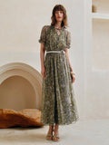 Shein Arave Women's Chiffon V-Neck Tie Front Shirred Waist Flounce Sleeve Fashion Casual Printed Mid-Length Dress
