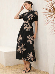 Shein Aveloria Rosie Elegant Elegant Stand Collar Heavy Craft Pleated Short Sleeves Retro Floral Print Large Ladies Dress