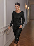 Shein Aveloria Modichic Elegant Sexy Sheer Mesh Embroidered Sequins Bodycon Long Sleeve Dress
