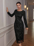 Shein Aveloria Modichic Elegant Sexy Sheer Mesh Embroidered Sequins Bodycon Long Sleeve Dress