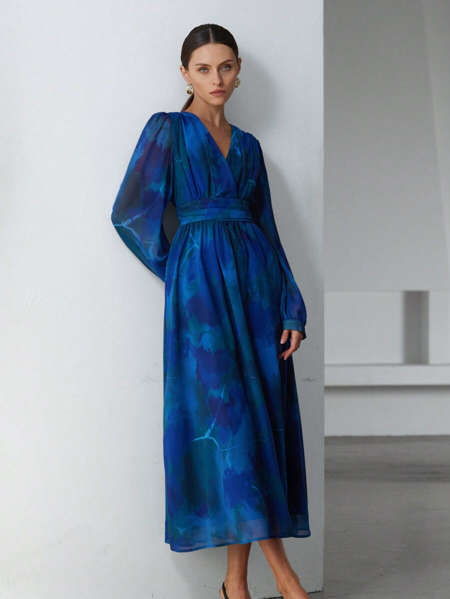 Shein Aveloria Modichic Elegant Chiffon Ombre Floral Print V-Neck Overlap Waist Slim Design Long Dress