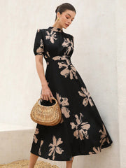 Shein Aveloria Rosie Elegant Elegant Stand Collar Heavy Craft Pleated Short Sleeves Retro Floral Print Large Ladies Dress