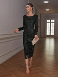 Shein Aveloria Modichic Elegant Sexy Sheer Mesh Embroidered Sequins Bodycon Long Sleeve Dress