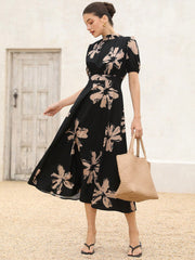 Shein Aveloria Rosie Elegant Elegant Stand Collar Heavy Craft Pleated Short Sleeves Retro Floral Print Large Ladies Dress