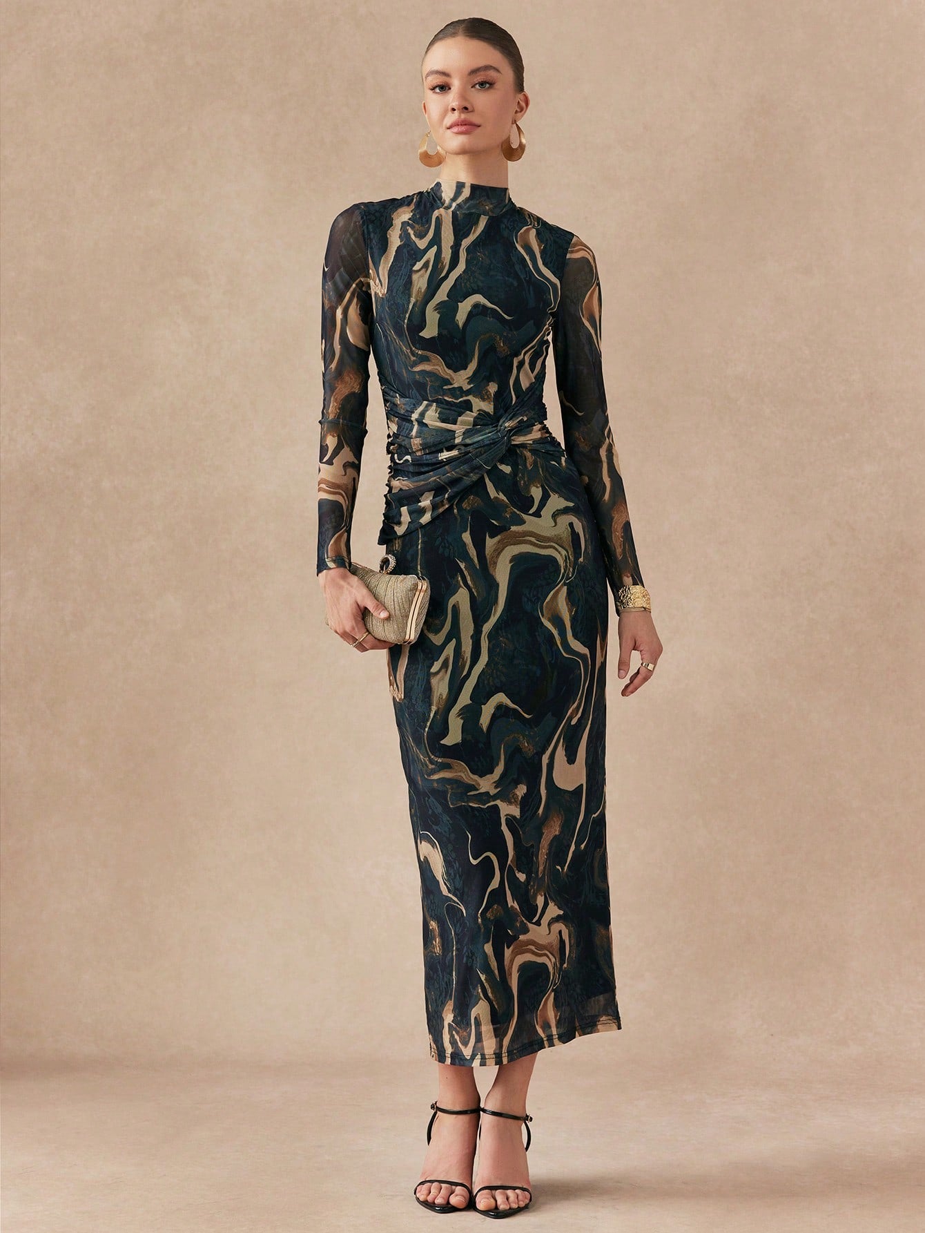 Shein Almamuse Women's Stand Collar Long Sleeve Casual Long Dress With Twist Design