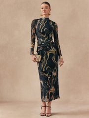 Women's Stand Collar Long Sleeve Casual Long Dress With Twist Design