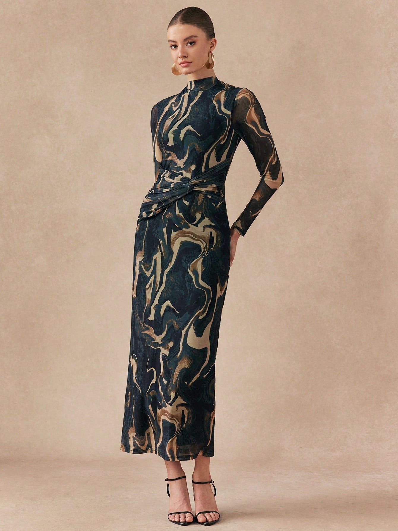 Shein Almamuse Women's Stand Collar Long Sleeve Casual Long Dress With Twist Design