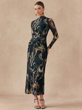 Shein Almamuse Women's Stand Collar Long Sleeve Casual Long Dress With Twist Design