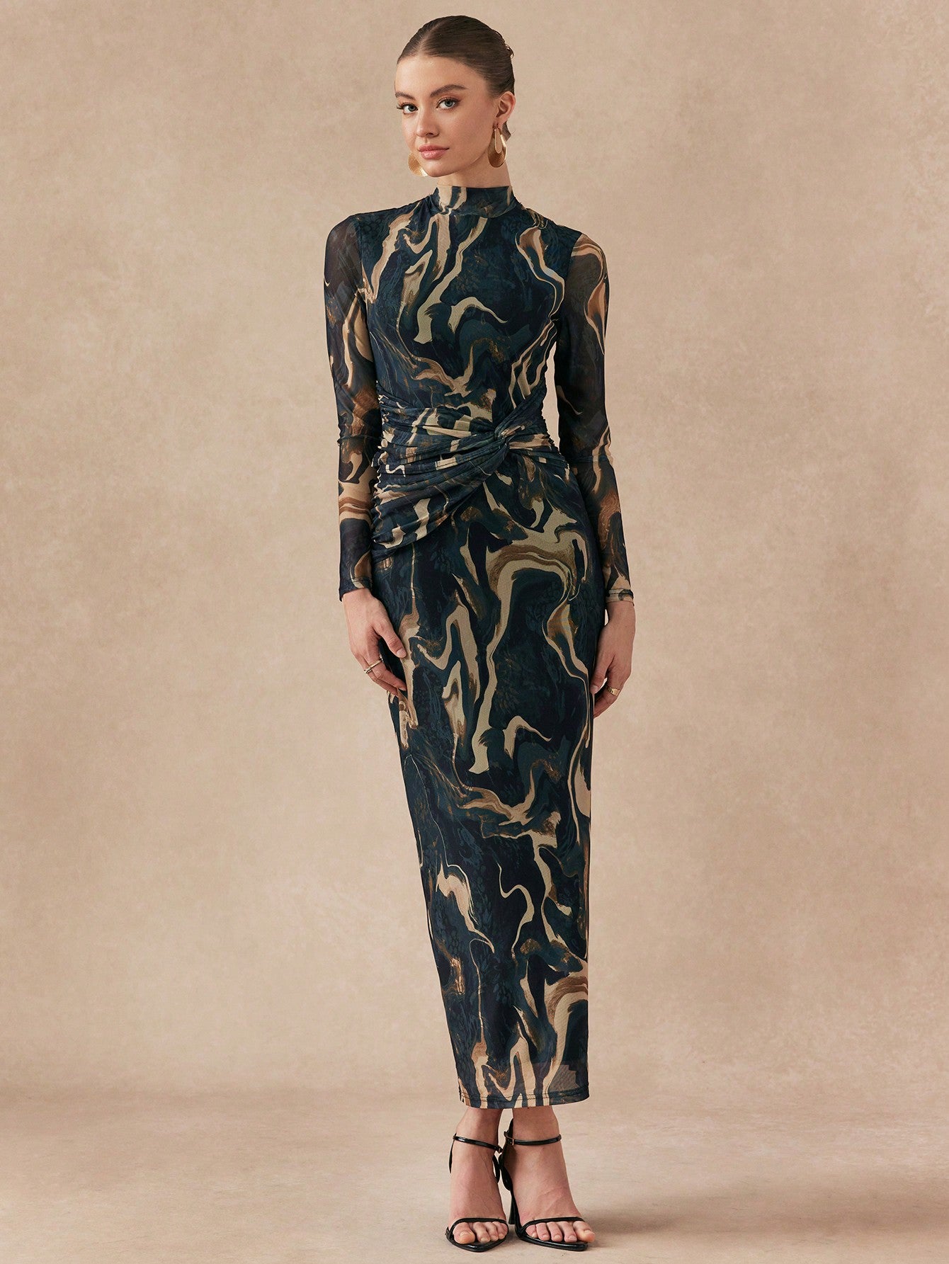 Shein Almamuse Women's Stand Collar Long Sleeve Casual Long Dress With Twist Design