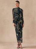 Shein Almamuse Women's Stand Collar Long Sleeve Casual Long Dress With Twist Design