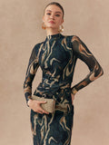 Shein Almamuse Women's Stand Collar Long Sleeve Casual Long Dress With Twist Design