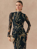 Shein Almamuse Women's Stand Collar Long Sleeve Casual Long Dress With Twist Design
