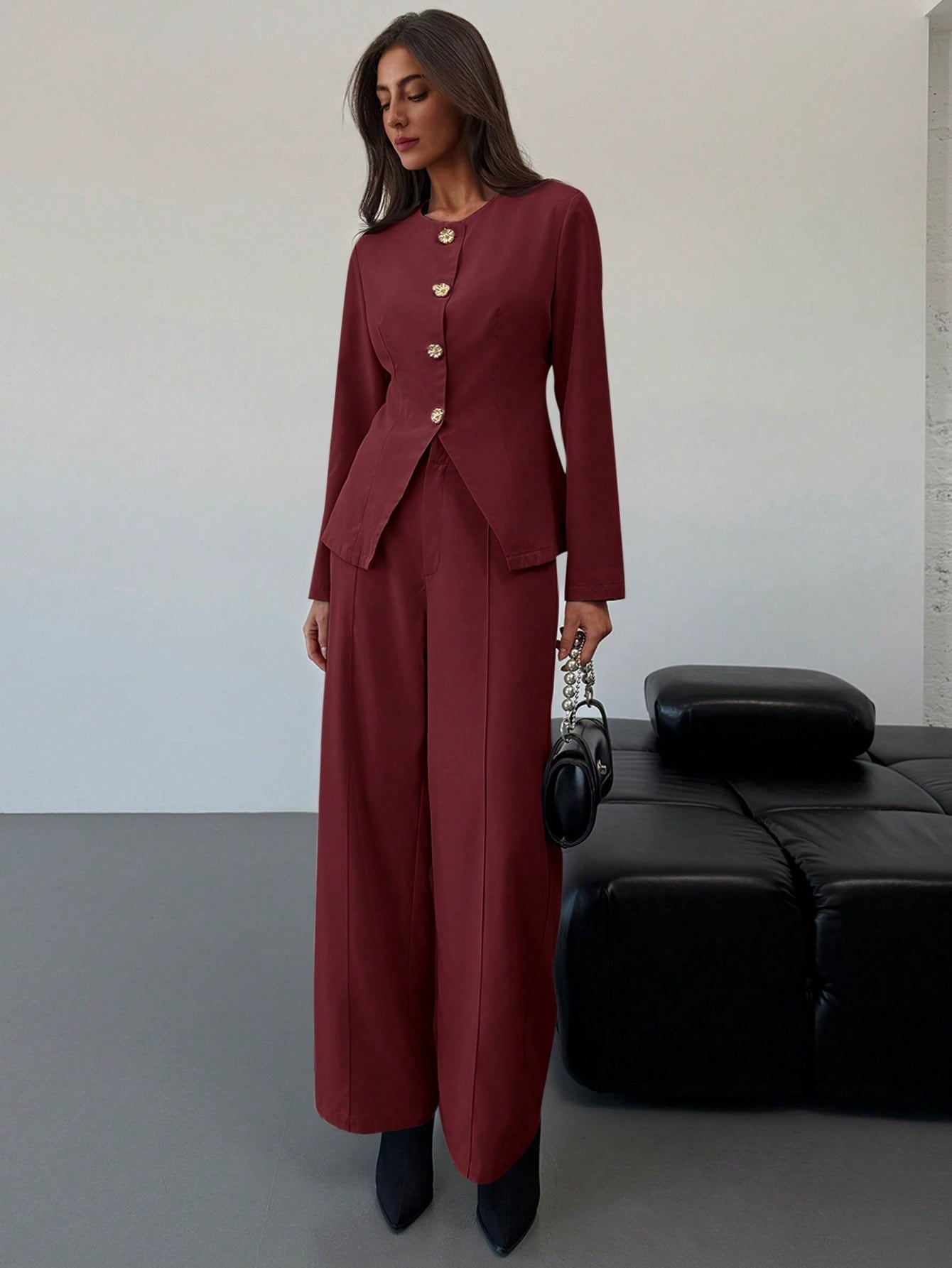 Shein Aloruh Apricot Slim Fit Office/Commute Long Sleeve Top + Floor-Length Straight Leg Pants Set