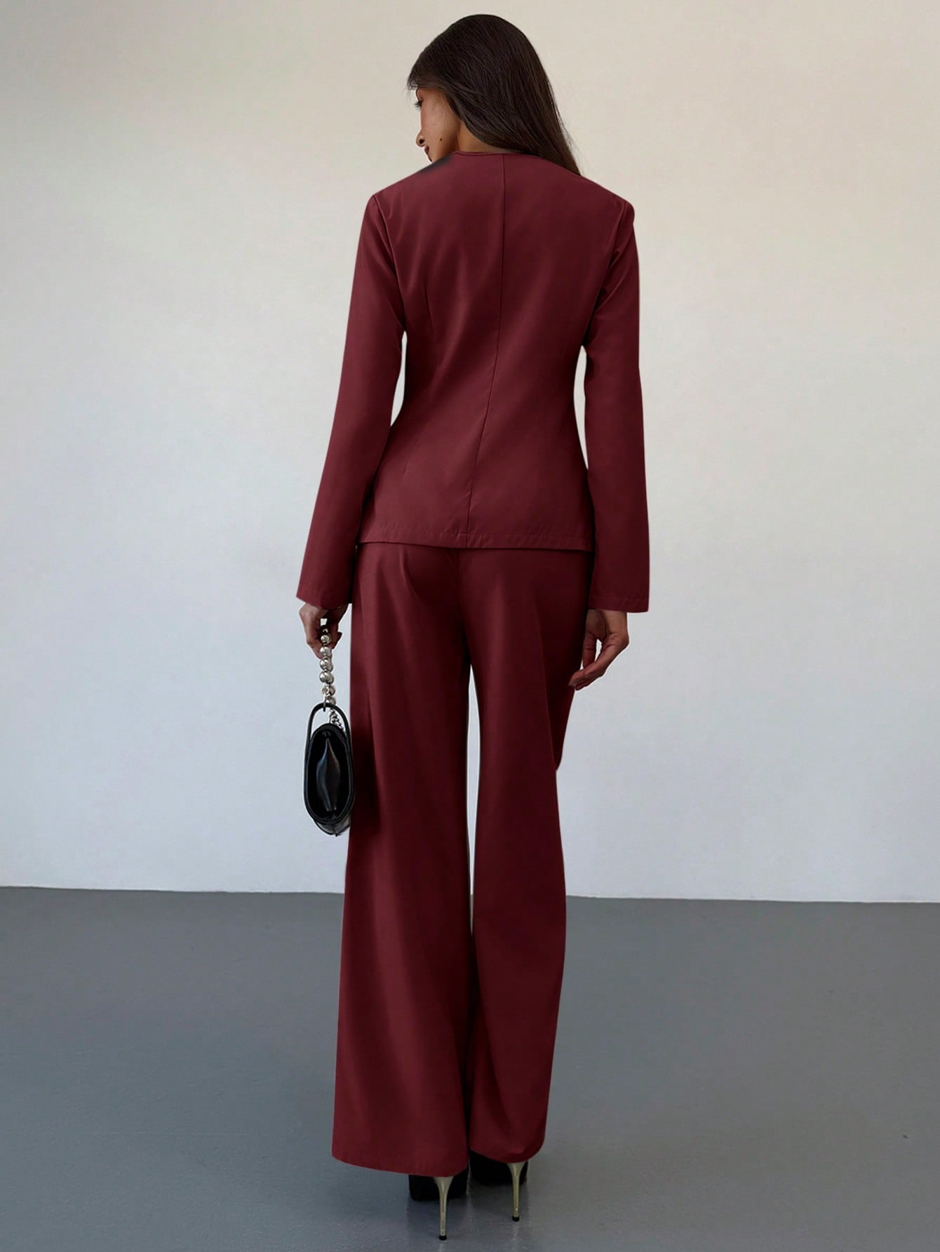 Shein Aloruh Apricot Slim Fit Office/Commute Long Sleeve Top + Floor-Length Straight Leg Pants Set