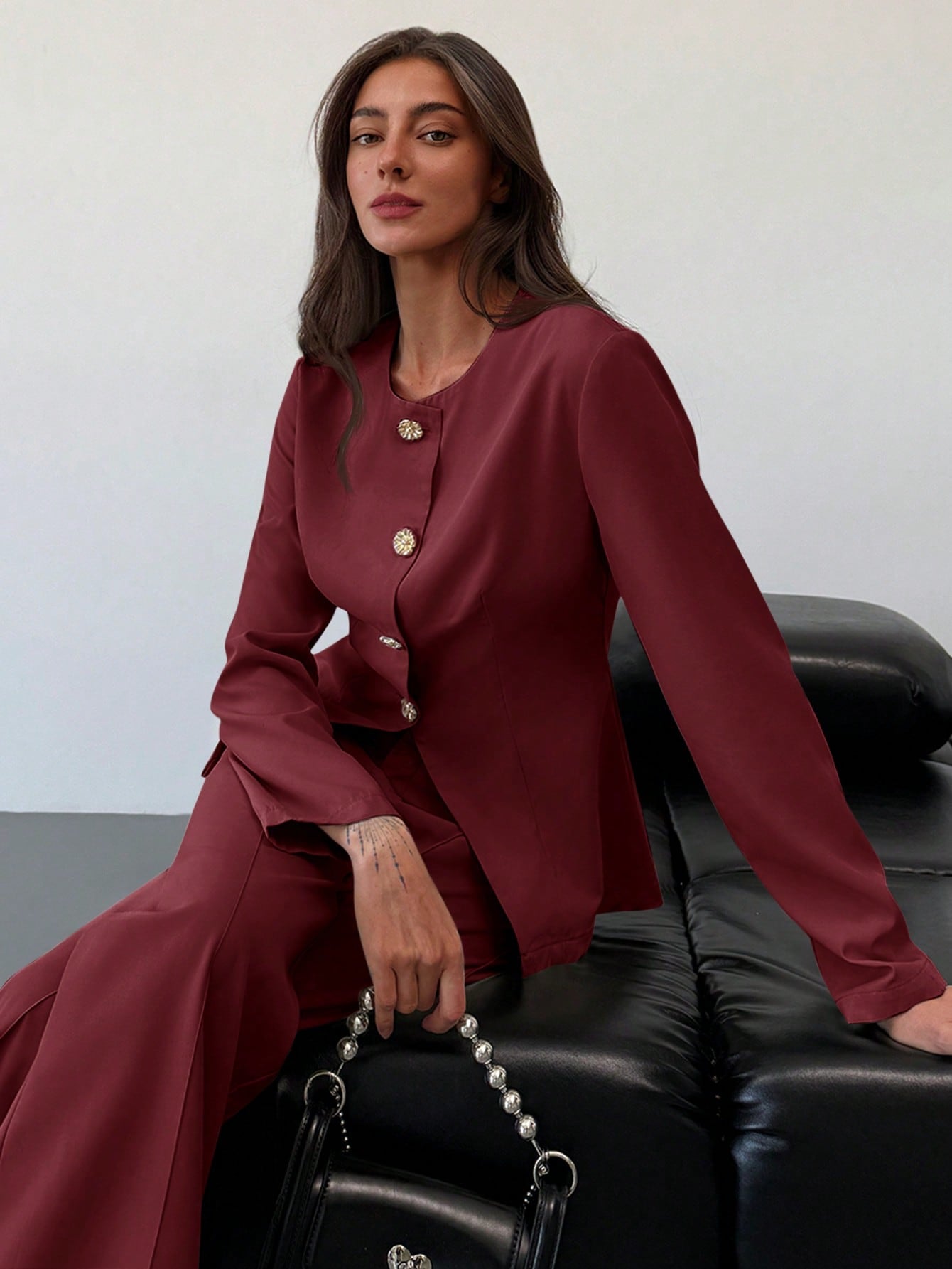 Shein Aloruh Apricot Slim Fit Office/Commute Long Sleeve Top + Floor-Length Straight Leg Pants Set
