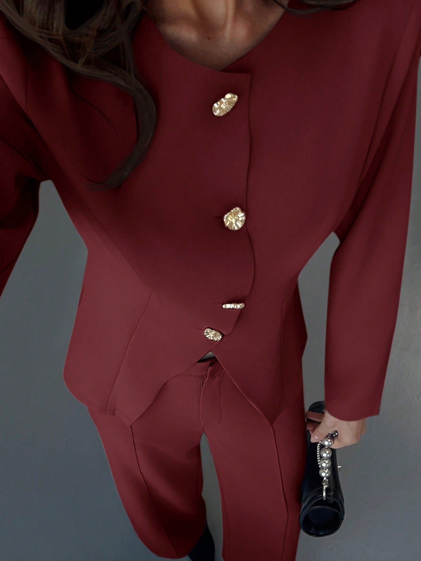 Shein Aloruh Apricot Slim Fit Office/Commute Long Sleeve Top + Floor-Length Straight Leg Pants Set