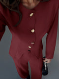 Shein Aloruh Apricot Slim Fit Office/Commute Long Sleeve Top + Floor-Length Straight Leg Pants Set