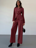 Shein Aloruh Apricot Slim Fit Office/Commute Long Sleeve Top + Floor-Length Straight Leg Pants Set