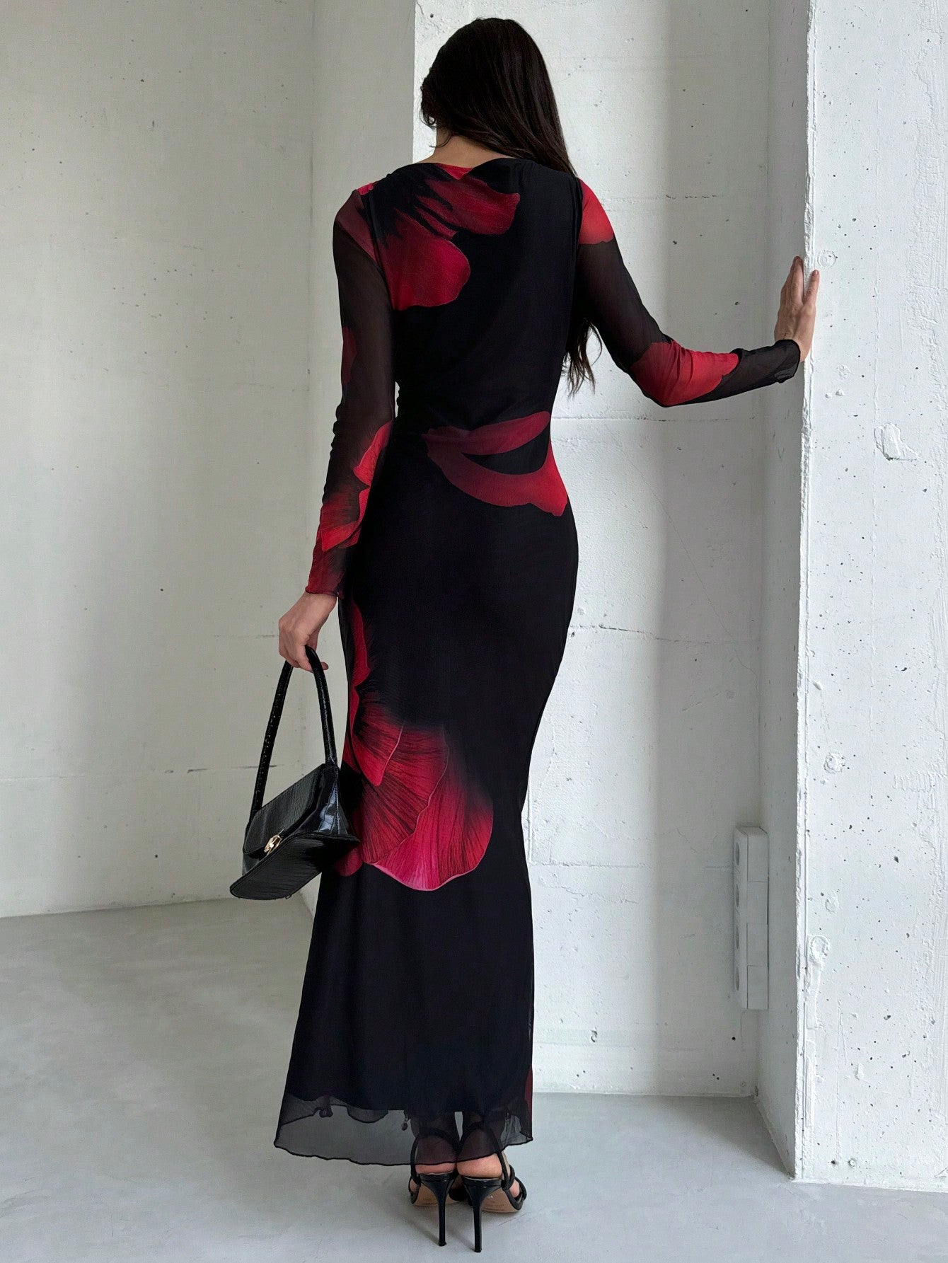 Elegant Boat Neck Long Sleeve Tie-Dye Mesh Print Party Cocktail Dress