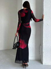 Elegant Boat Neck Long Sleeve Tie-Dye Mesh Print Party Cocktail Dress