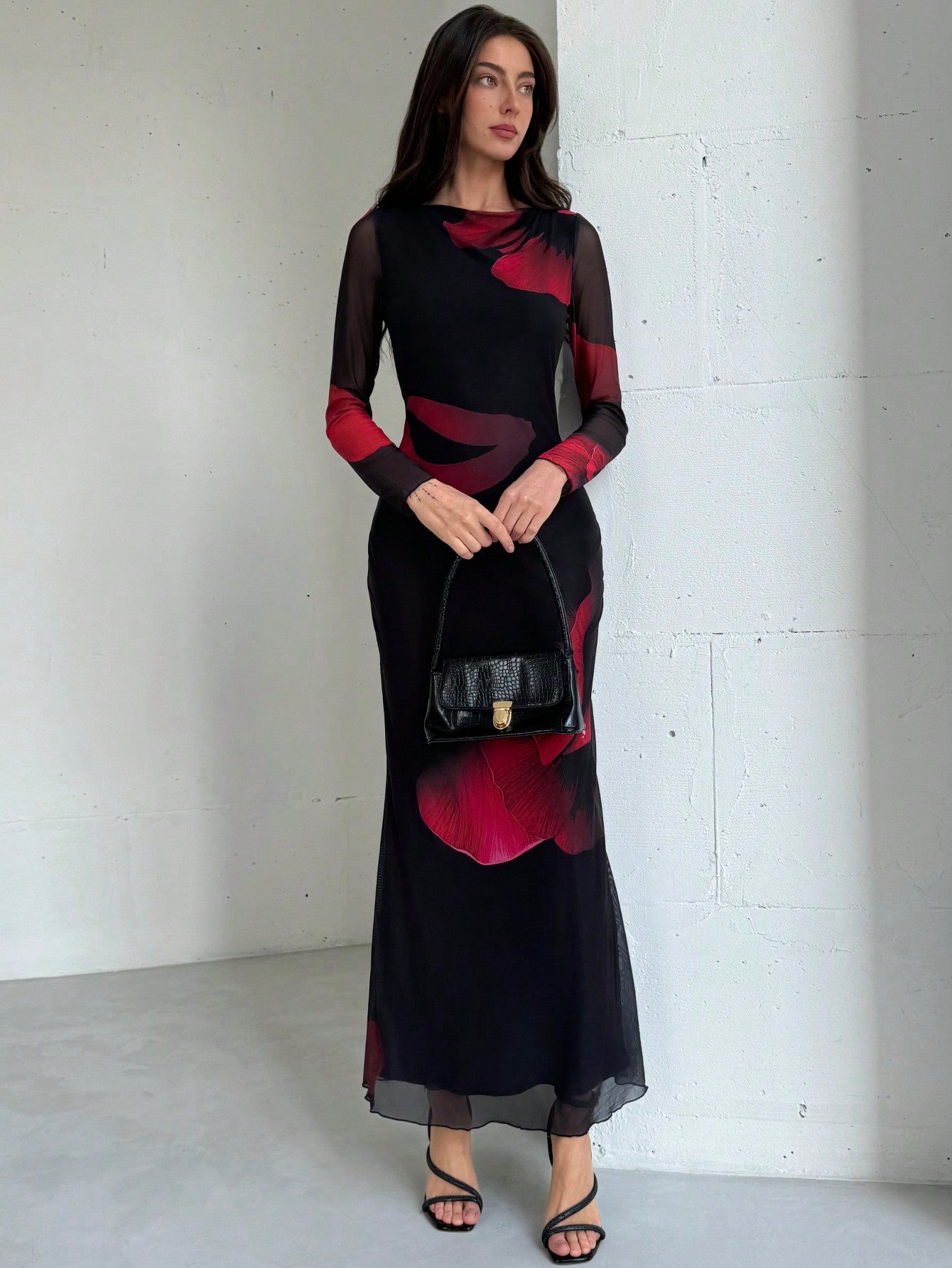 Elegant Boat Neck Long Sleeve Tie-Dye Mesh Print Party Cocktail Dress