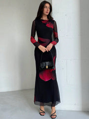 Elegant Boat Neck Long Sleeve Tie-Dye Mesh Print Party Cocktail Dress