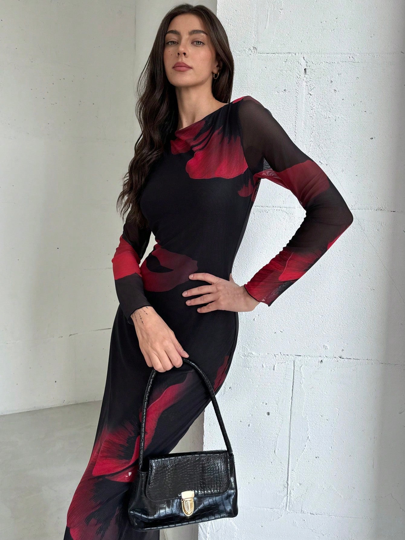 Elegant Boat Neck Long Sleeve Tie-Dye Mesh Print Party Cocktail Dress