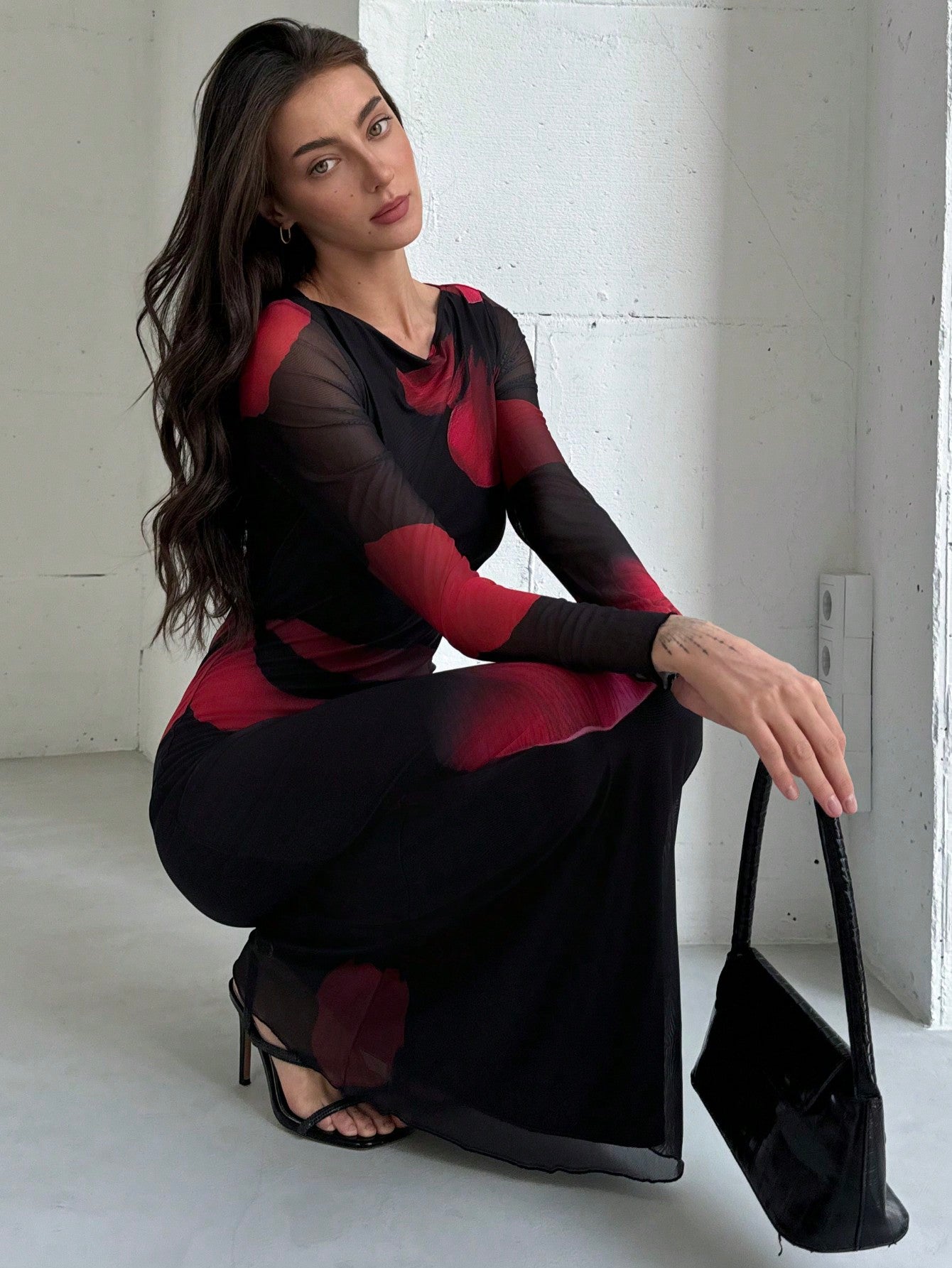 Elegant Boat Neck Long Sleeve Tie-Dye Mesh Print Party Cocktail Dress