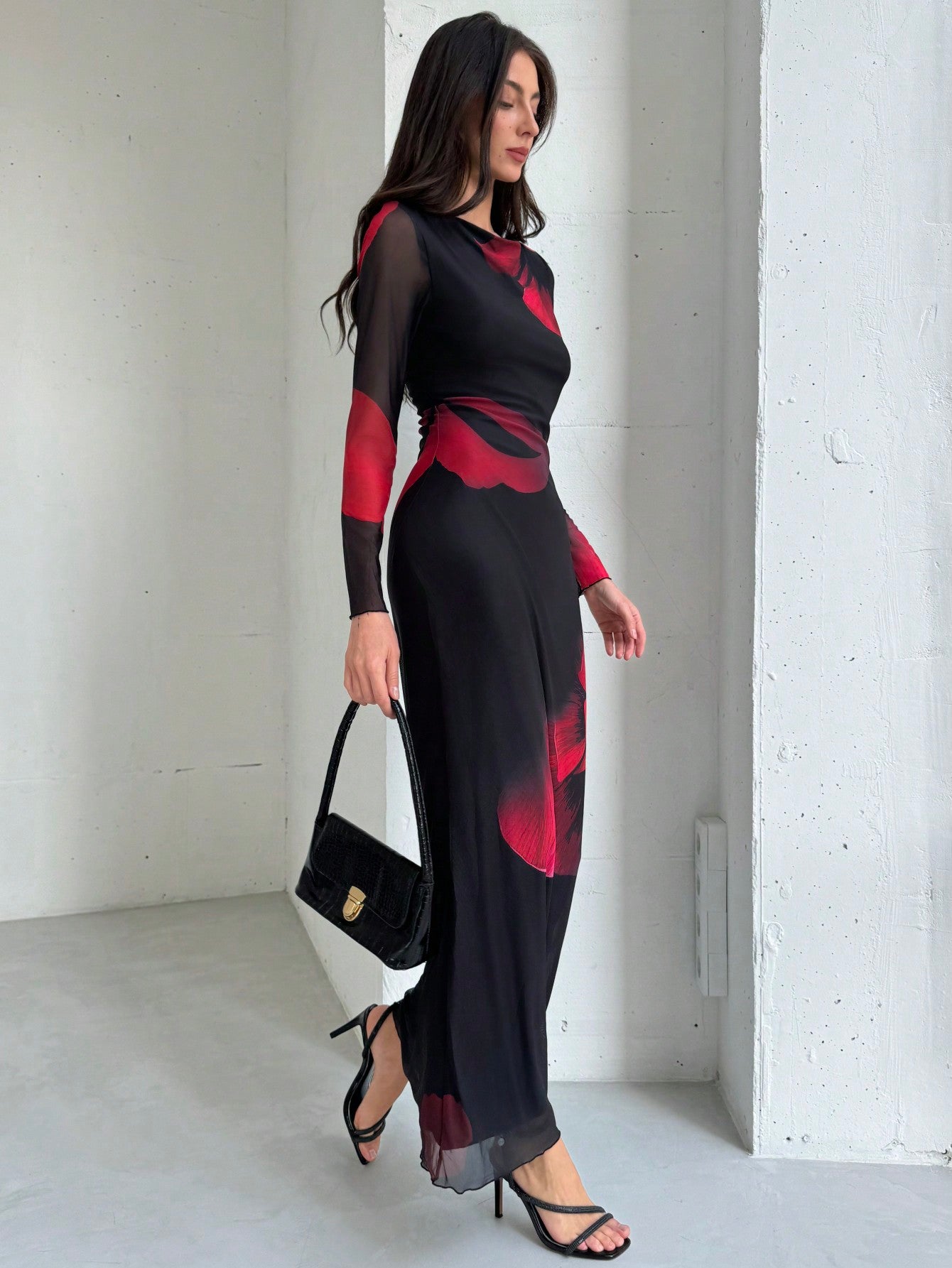 Elegant Boat Neck Long Sleeve Tie-Dye Mesh Print Party Cocktail Dress