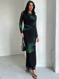Shein Aloruh Elegant Boat Neckline Long Sleeve Tie Dye Mesh Print Cocktail Party Dress
