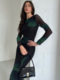 Shein Aloruh Elegant Boat Neckline Long Sleeve Tie Dye Mesh Print Cocktail Party Dress