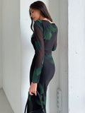 Shein Aloruh Elegant Boat Neckline Long Sleeve Tie Dye Mesh Print Cocktail Party Dress