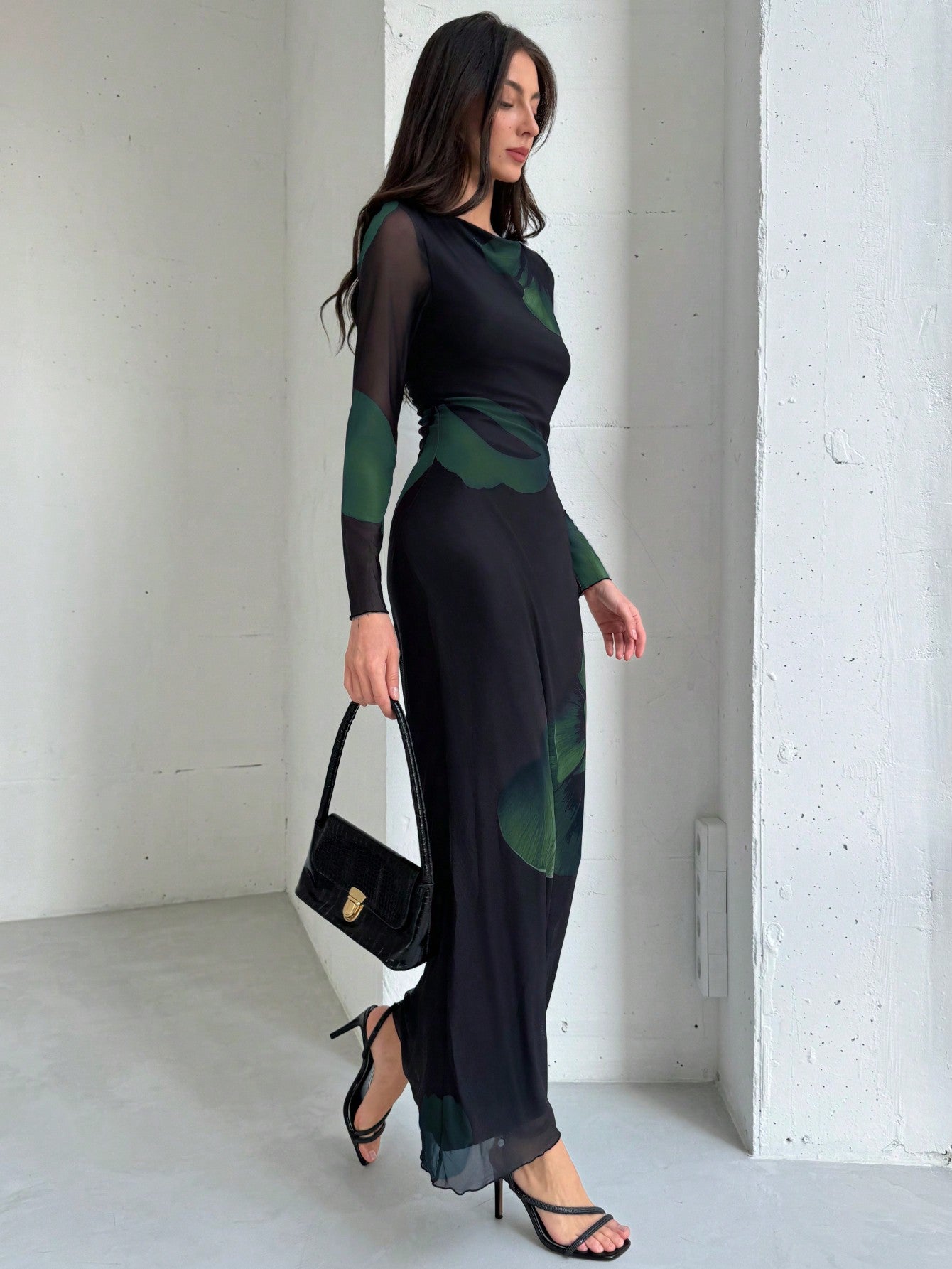 Shein Aloruh Elegant Boat Neckline Long Sleeve Tie Dye Mesh Print Cocktail Party Dress
