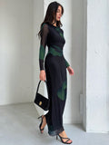Shein Aloruh Elegant Boat Neckline Long Sleeve Tie Dye Mesh Print Cocktail Party Dress